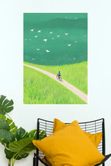Blossoming Path Green Meadow Cyclist Wall Art Poster  (The Green World Posters)