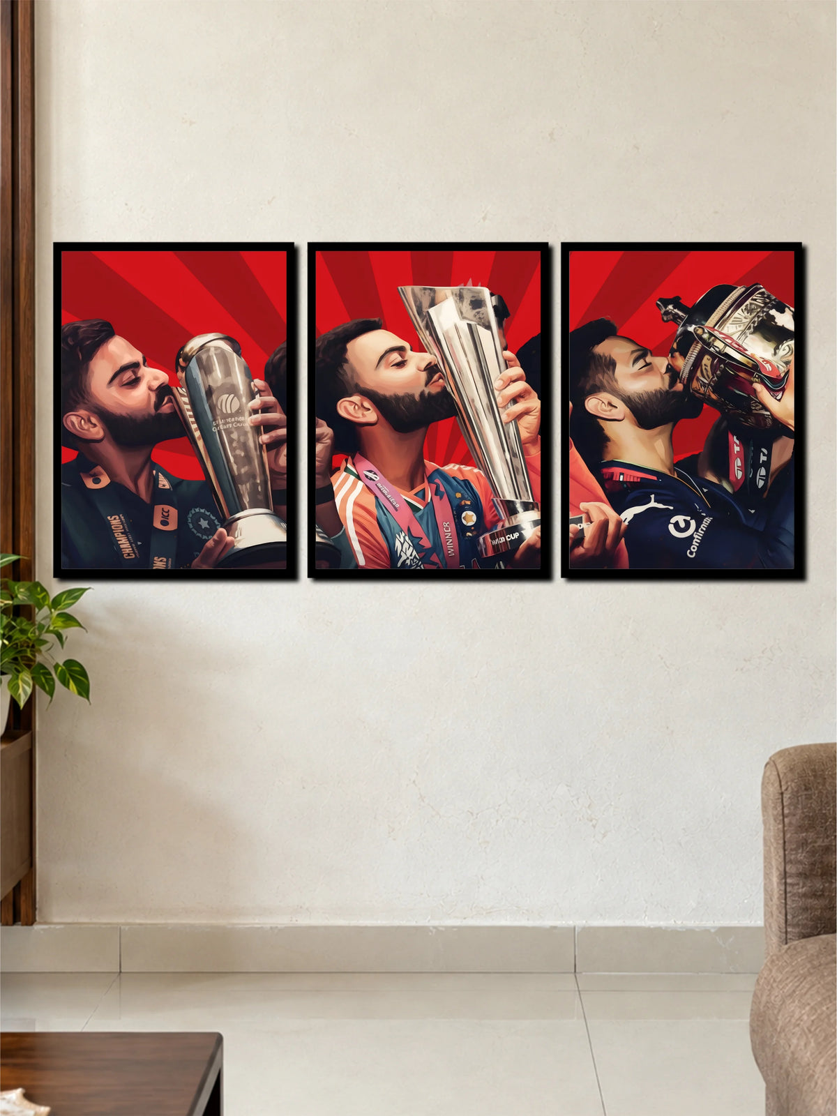 Virat Kohli Trophy Celebration | 3 Frame Cricket Champion Wall Art Set