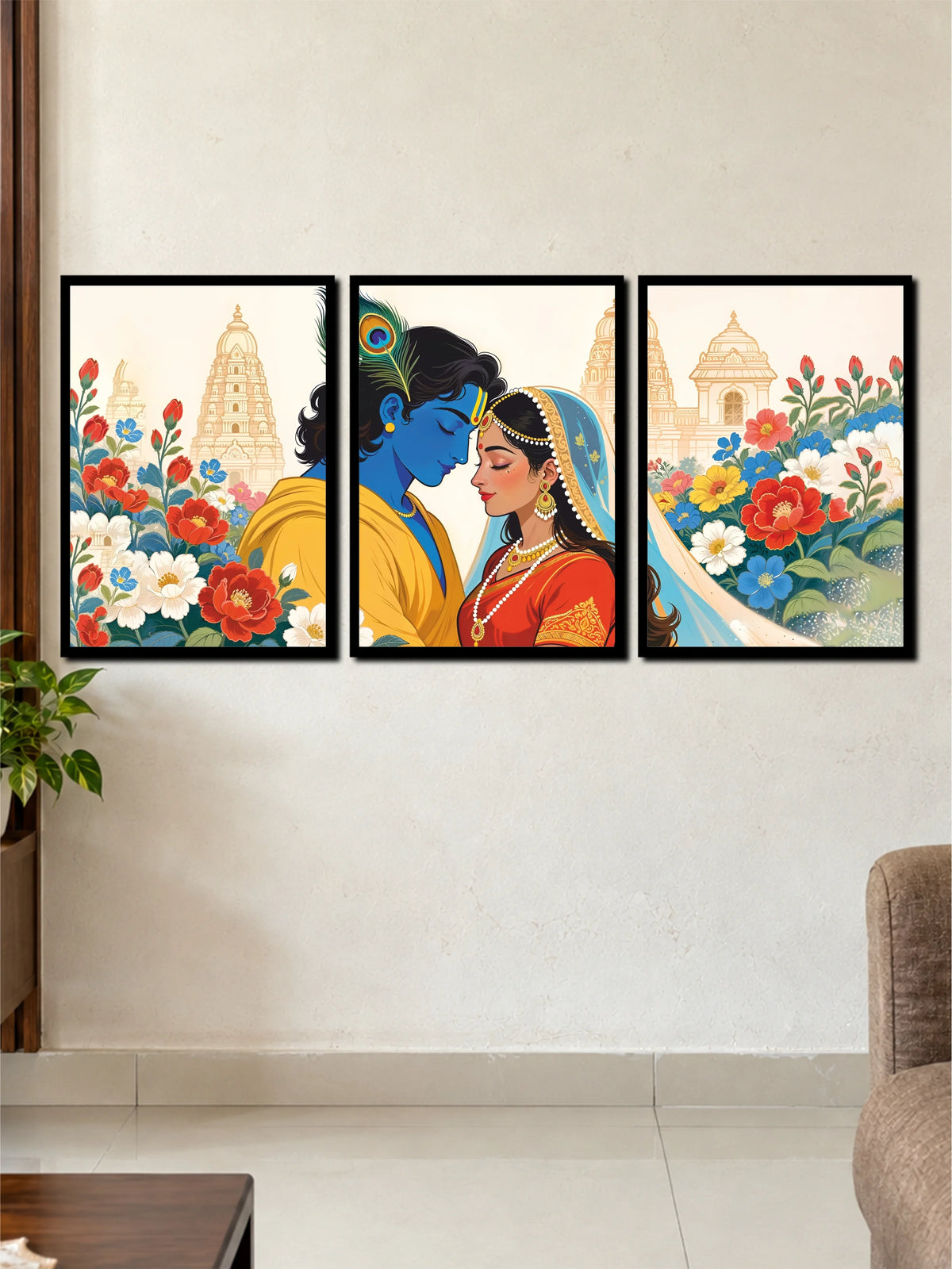 Divine Radha Krishna | 3 Frame Traditional Indian Floral Wall Art Set