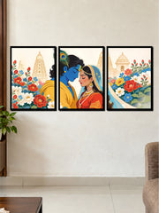 Divine Radha Krishna | 3 Frame Traditional Indian Floral Wall Art Set