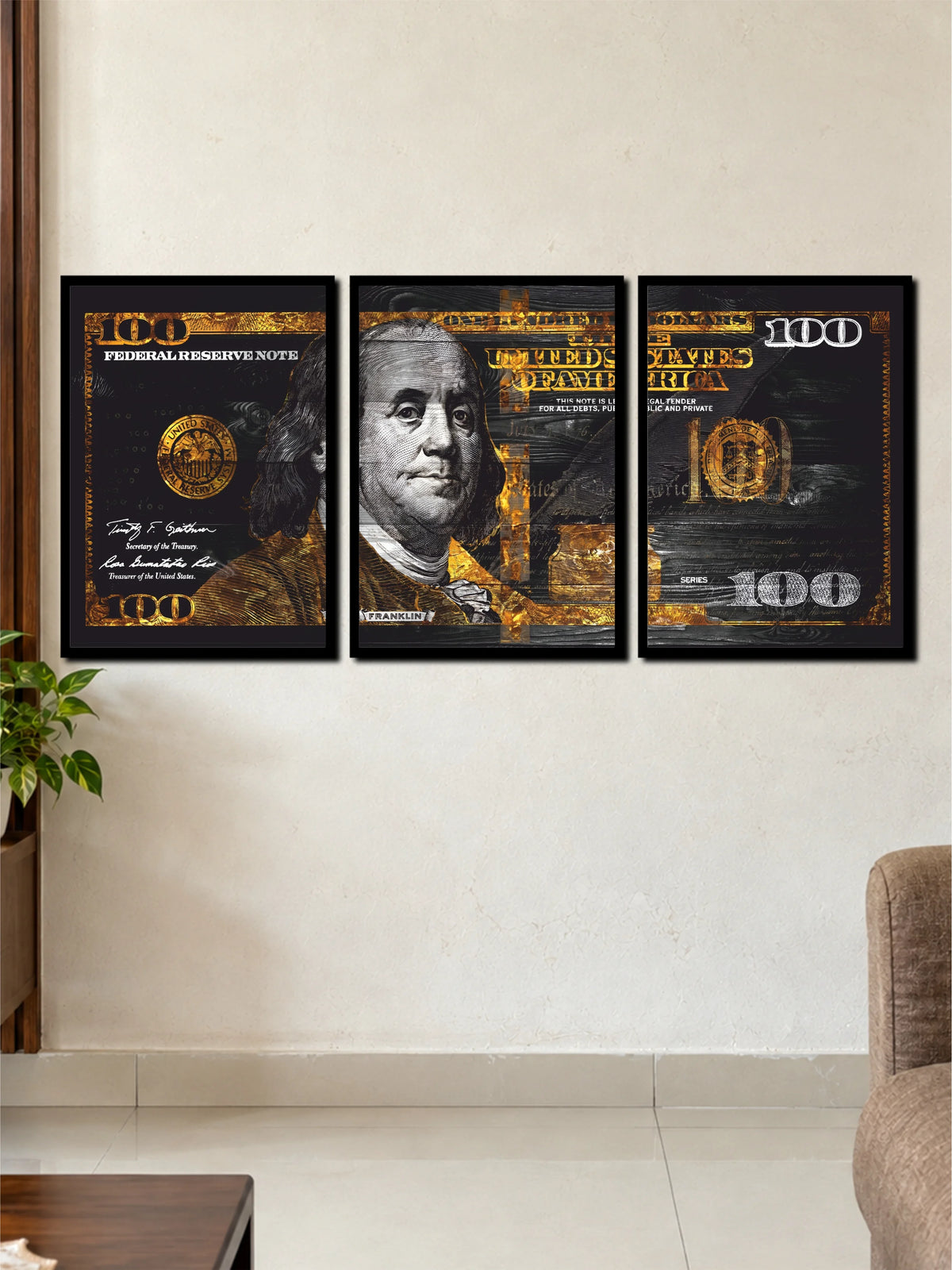 Benjamin Franklin 100 Dollar Bill | Premium 3 Frame Wall Art Set