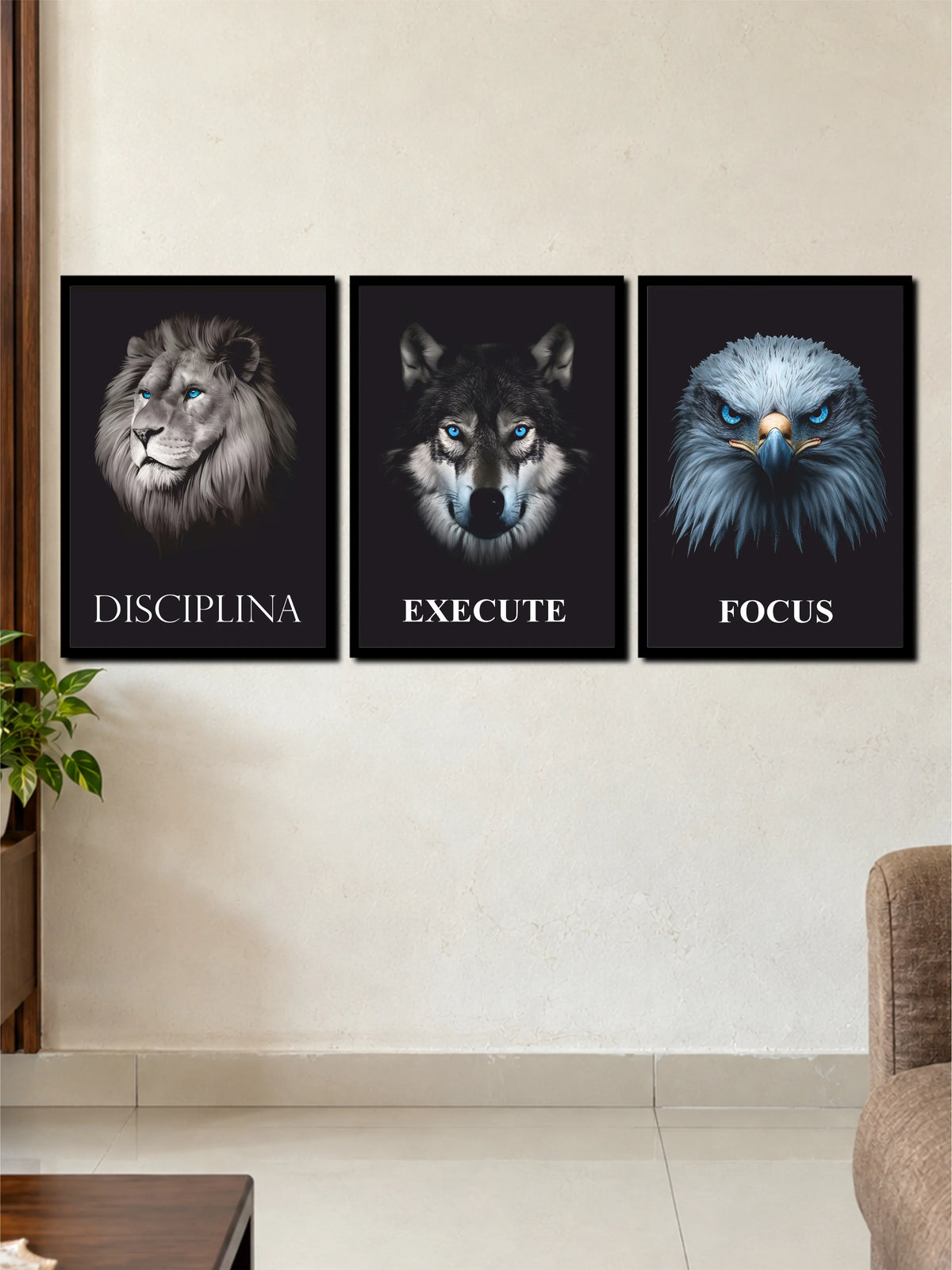 Discipline Execute Focus | Powerful Animals 3 Frame Wall Art Set