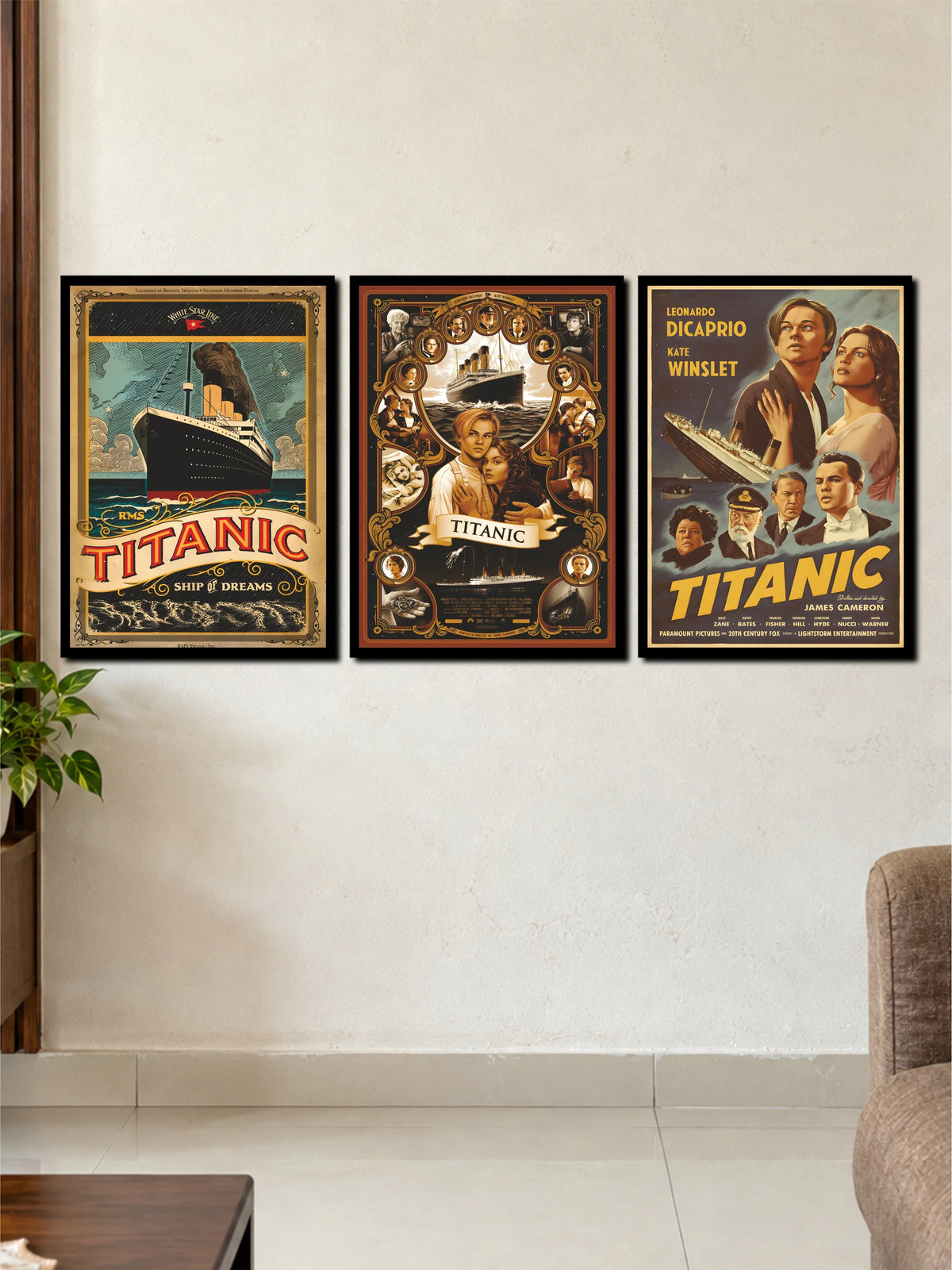 Titanic Movie 3 Frame Poster Set | Vintage Ship & Romantic Wall Art