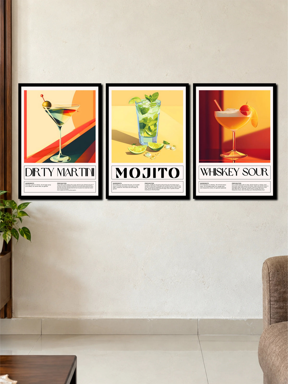 Classic Cocktails: Dirty Martini, Mojito & Whiskey Sour 3-Frame Poster Set