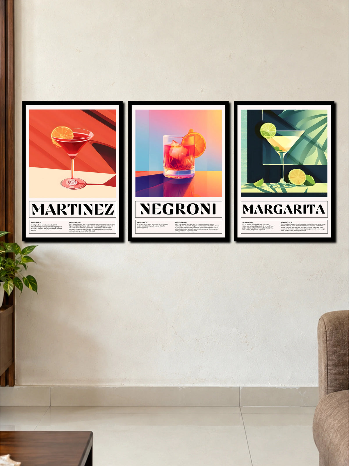 Classic Cocktails Martinez, Negroni & Margarita 3-Frame Poster Set