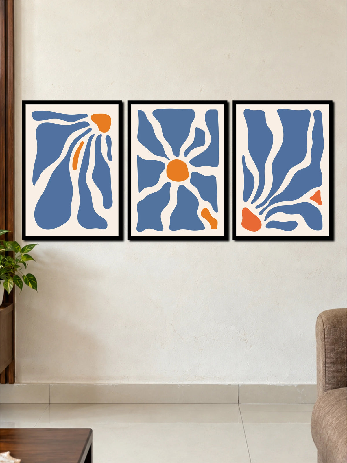Abstract Matisse Floral: Blue & Orange Organic Shapes 3-Frame Poster Set