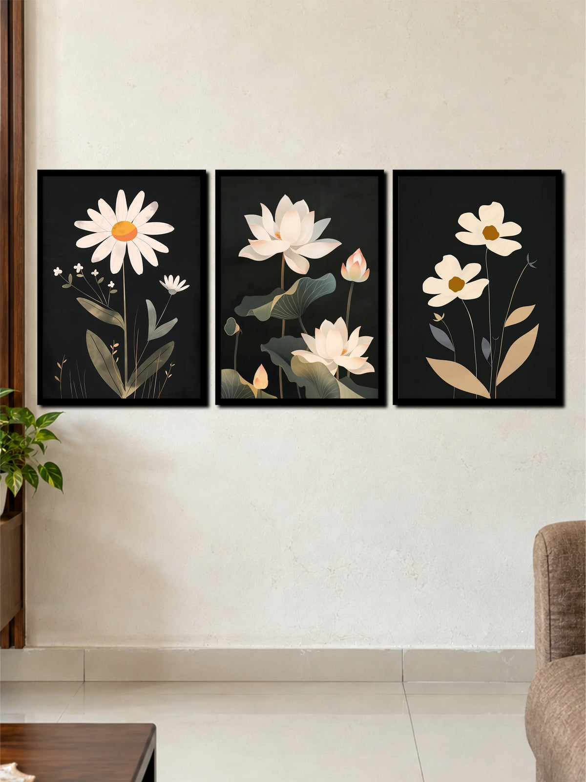 Elegance Botanical: Daisy, Lotus & Wildflowers Dark Floral 3-Frame Poster Set