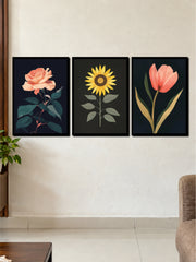 Bloom Harmony: Rose, Sunflower & Tulip Dark Floral 3-Frame Poster Set