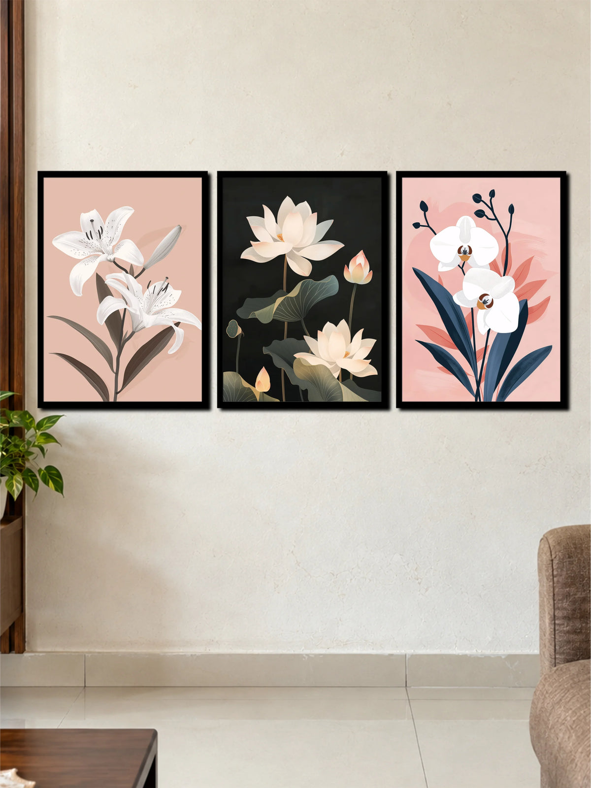 Blossom Serenade: Lily, Lotus & Orchid 3-Frame Poster Set