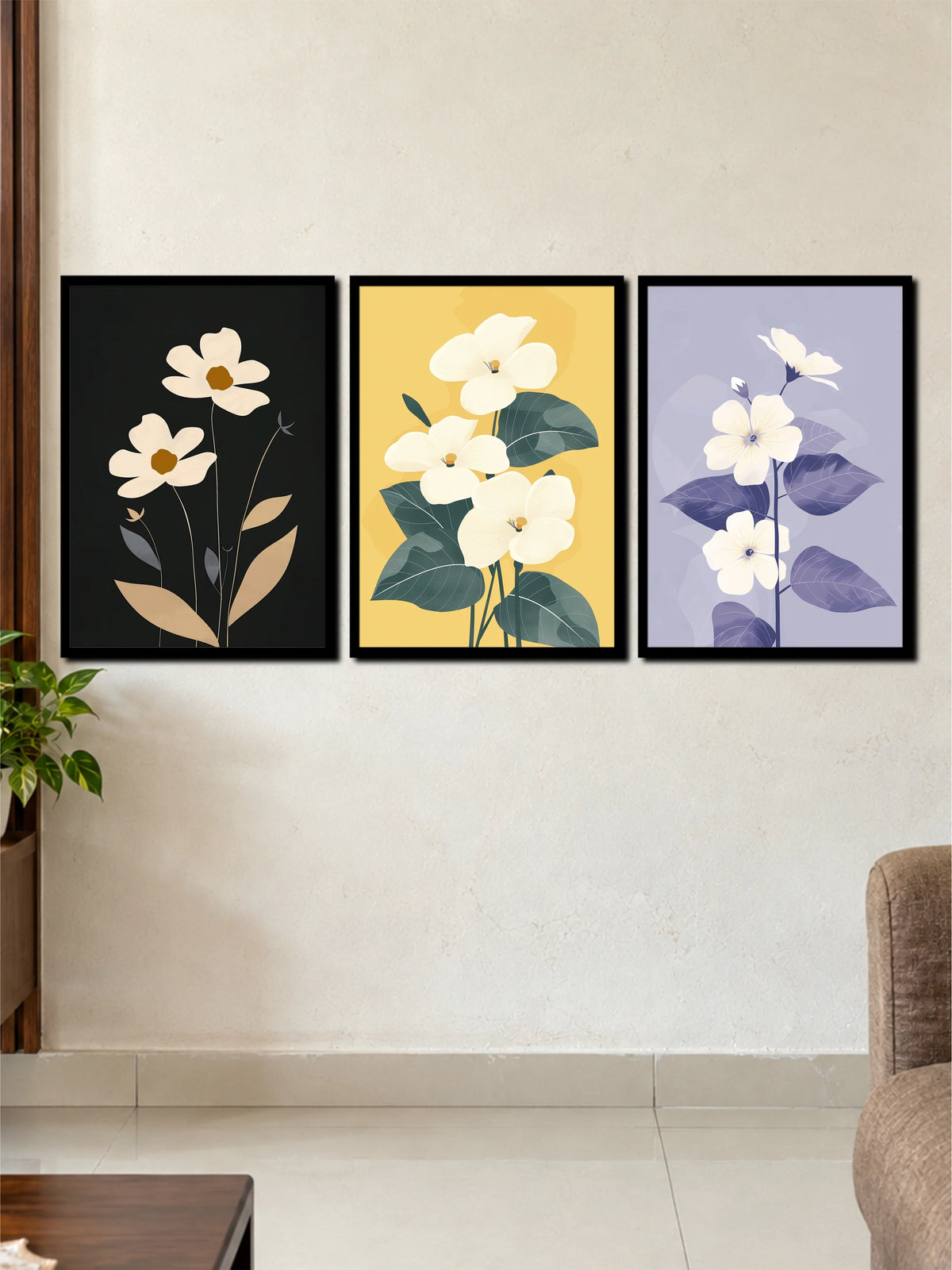 Botanical Harmony: White Blossoms & Minimalist Florals 3-Frame Poster Set