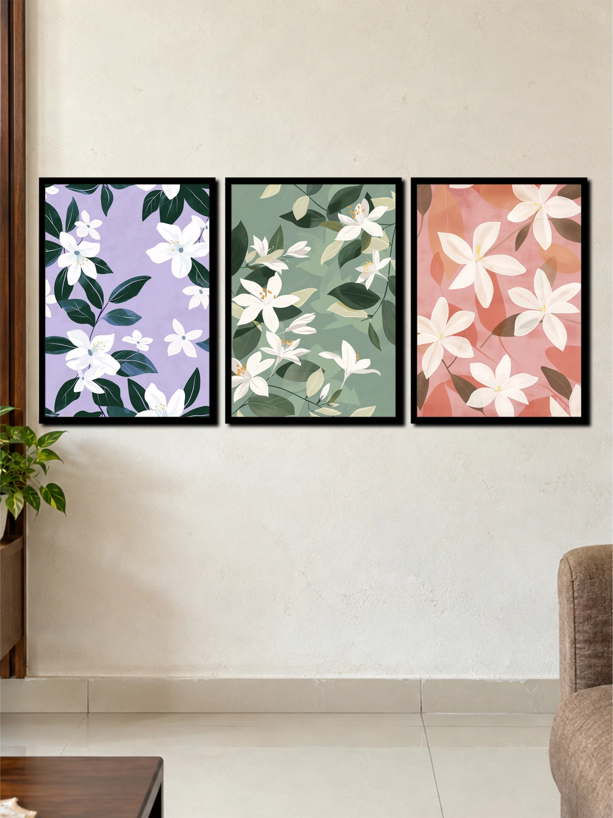 Serene Blossom: White Floral Patterns & Soft Pastel 3-Frame Poster Set