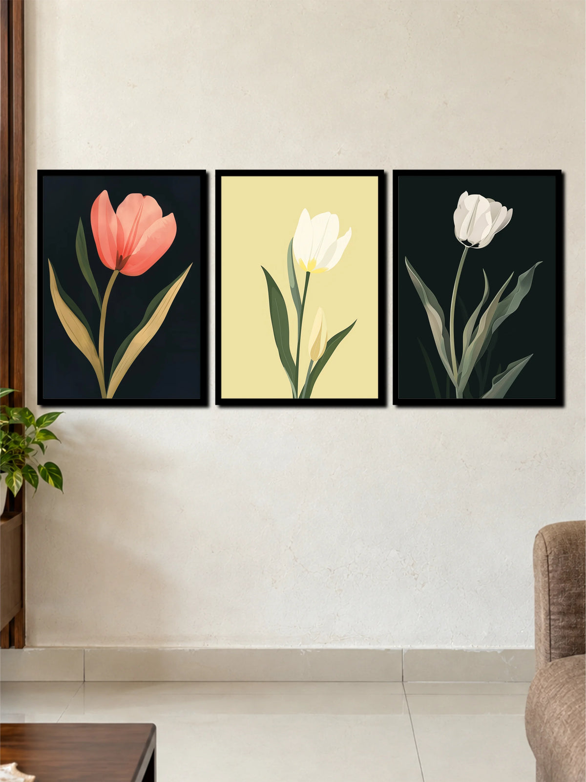 Tulip Elegance: Peach, Yellow & White Floral 3-Frame Poster Set