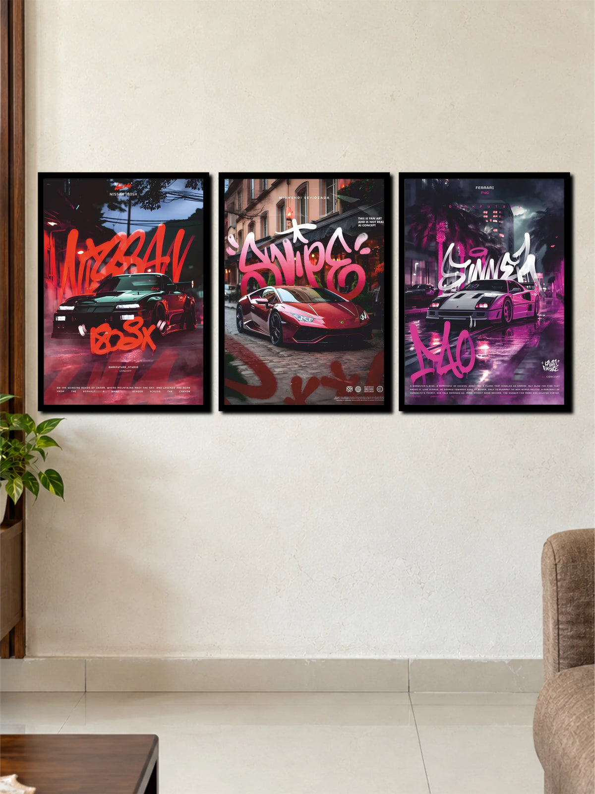 Street Culture Supercars: Nissan, Lamborghini & Ferrari Graffiti Art 3-Frame Poster Set