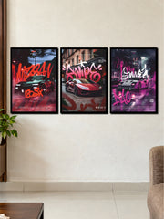 Street Culture Supercars: Nissan, Lamborghini & Ferrari Graffiti Art 3-Frame Poster Set