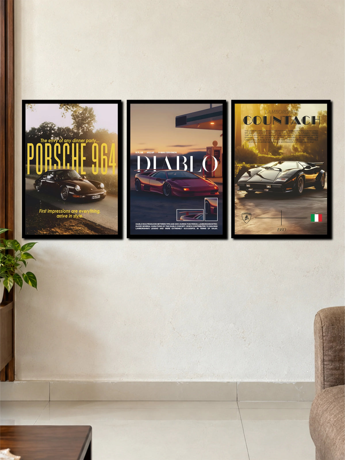 Retro Legend Cars: Porsche 964, Lamborghini Diablo & Countach 3-Frame Poster Set