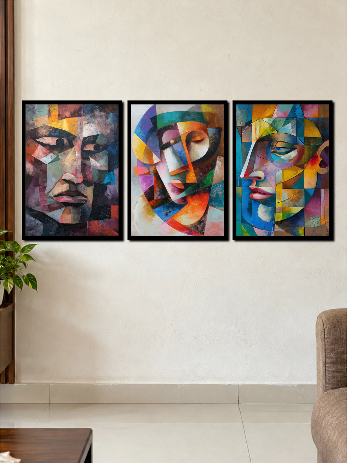 Abstract Geometric Faces Art | Colourful Cubism 3 Frame Poster Set