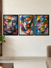 Abstract Geometric Faces Art | Colourful Cubism 3 Frame Poster Set
