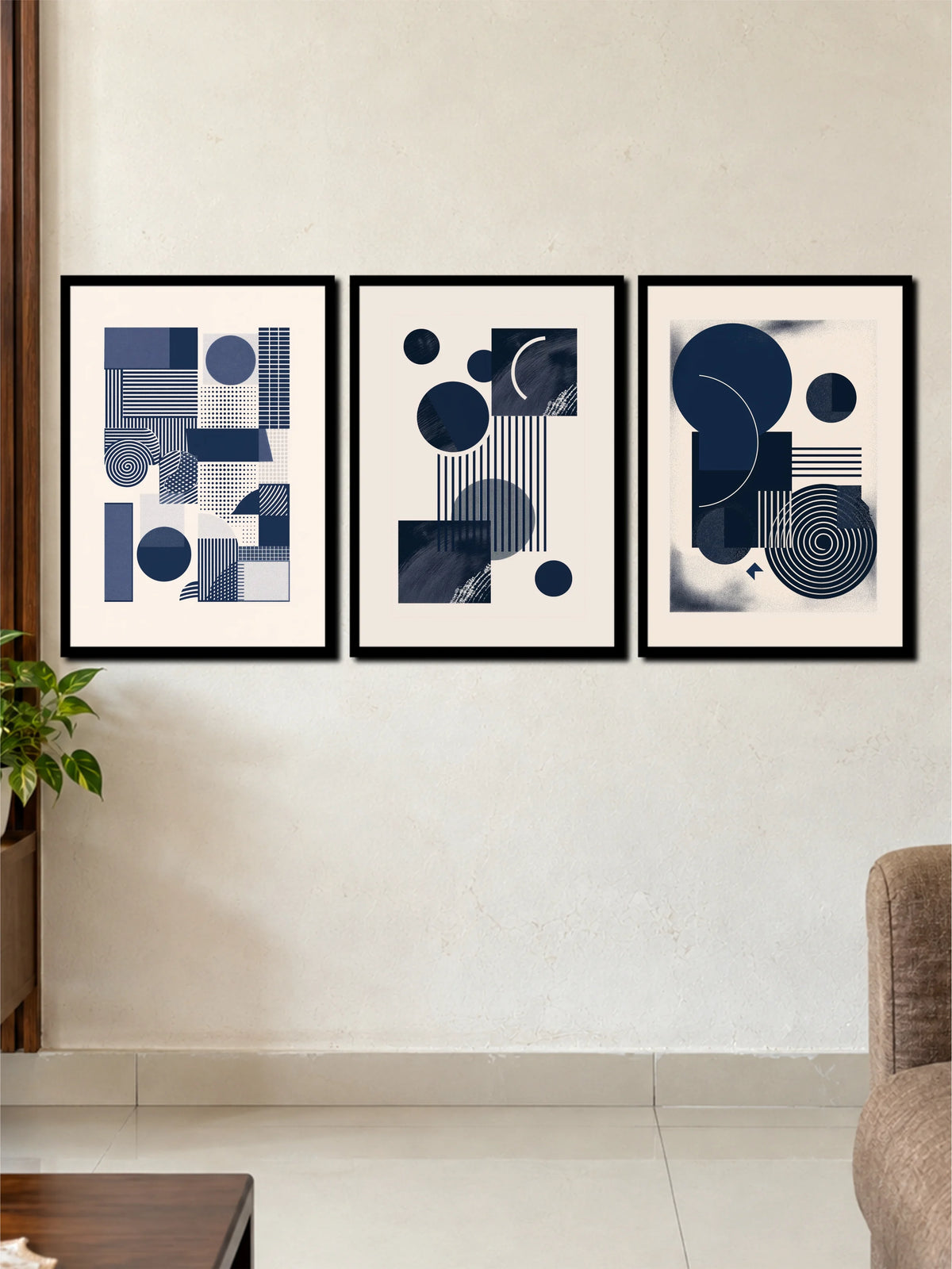 Navy Blue Geometric Abstract Pattern Art | Modern Minimalist 3 Frame Poster Set