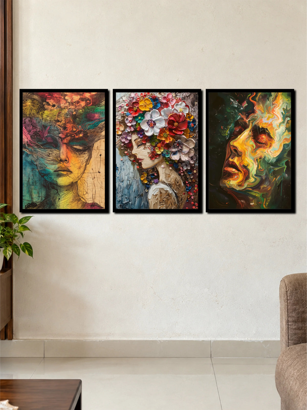 Colorful Abstract Woman Face & Floral Art | Modern Artistic 3 Frame Poster Set