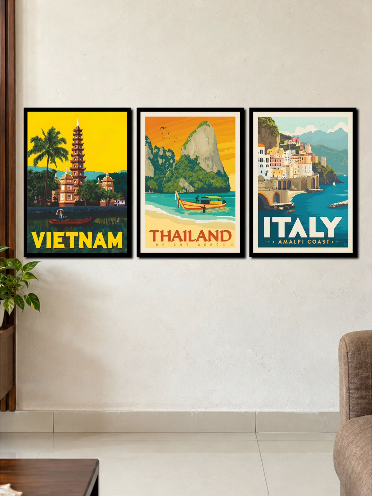 Vintage Travel Destinations Vietnam Thailand Italy | 3 Frame Poster Set