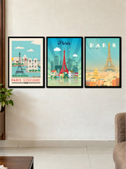 Vintage Paris Eiffel Tower Travel Art | 3 Frame Poster Set