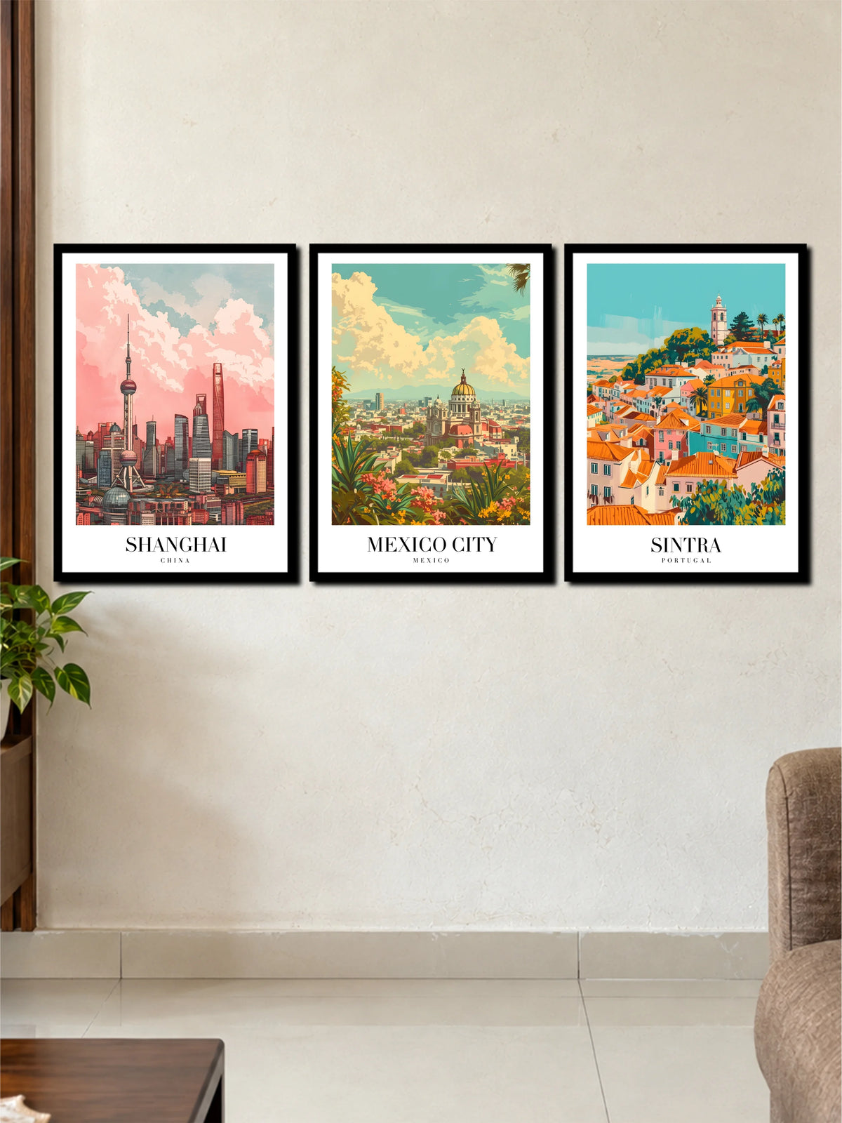 Vintage Shanghai Mexico City & Sintra Travel Art | 3 Frame Poster Set