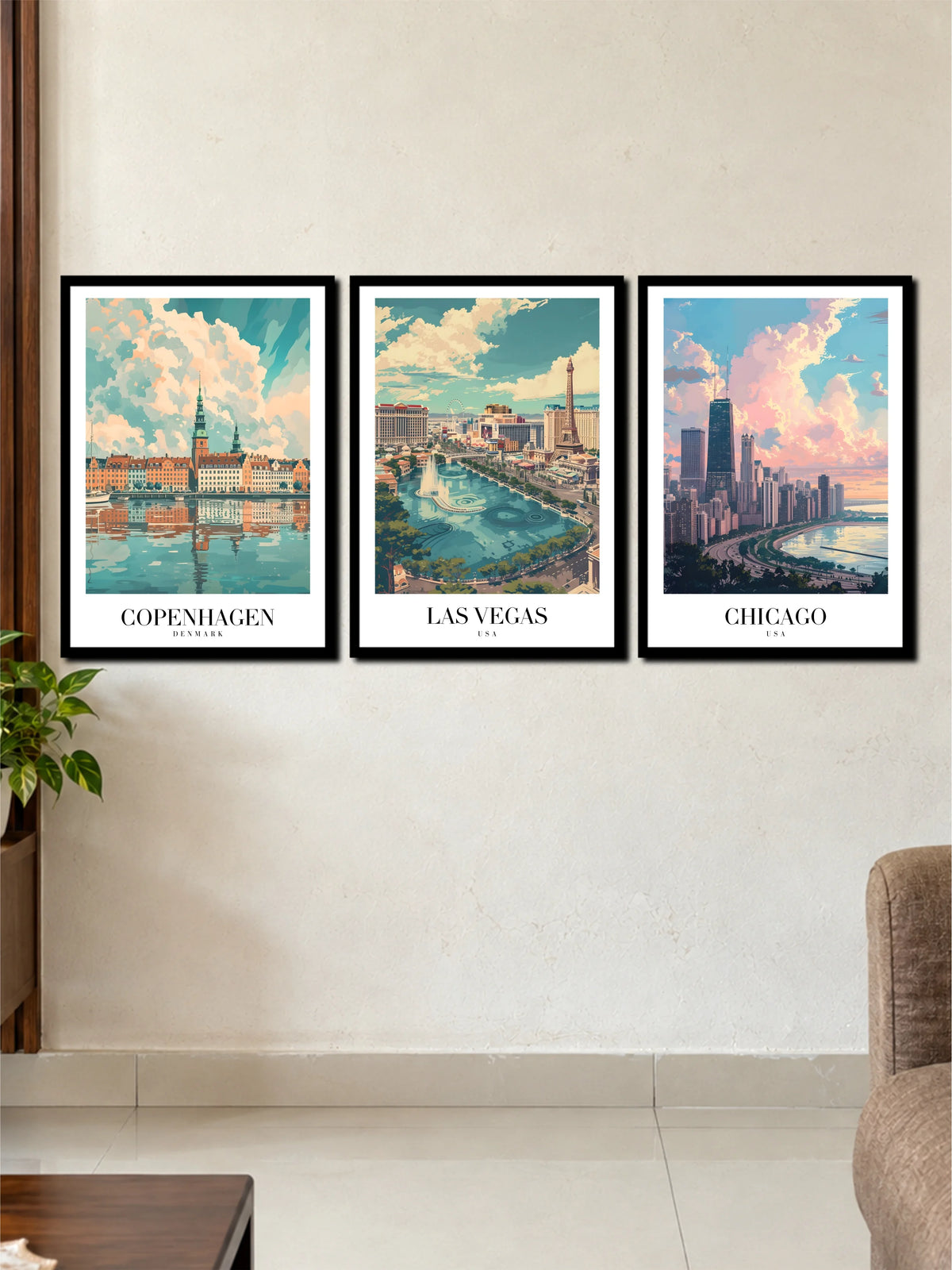 Vintage Copenhagen Las Vegas & Chicago Travel Art | 3 Frame Poster Set