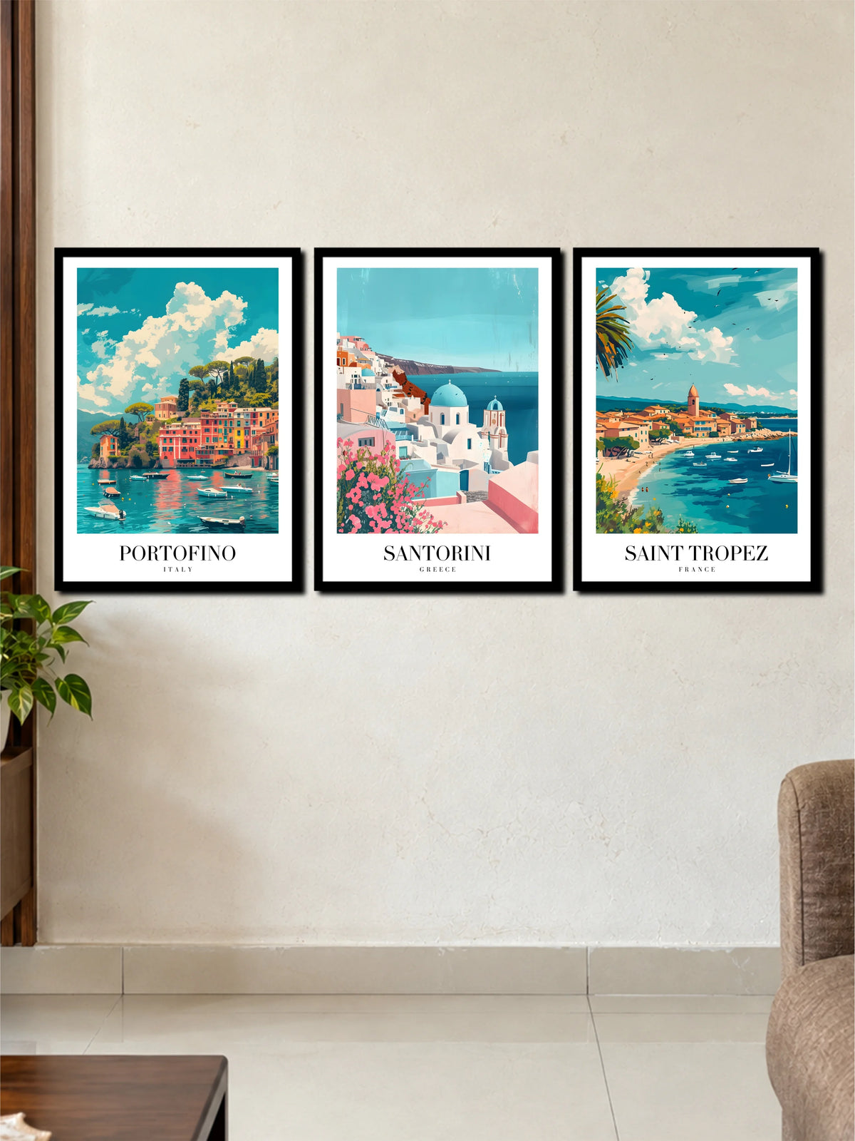 Vintage Portofino Santorini & Saint Tropez Travel Art | 3 Frame Poster Set