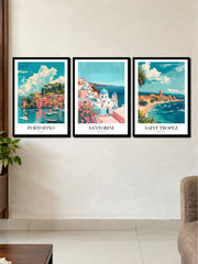Vintage Portofino Santorini & Saint Tropez Travel Art | 3 Frame Poster Set