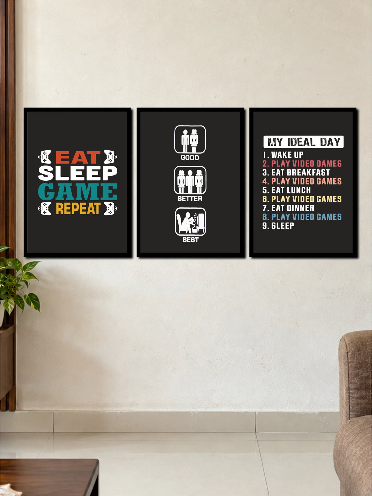 Eat Sleep Game Repeat Gaming Quotes | 3 Frame Poster Set
