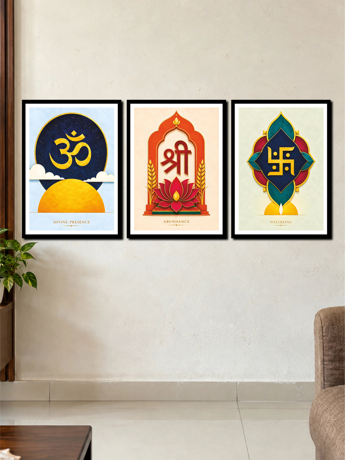 Om Shree Swastik Spiritual Wall Art | 3 Frame Poster Set