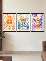 Brahma Vishnu Mahesh Spiritual Wall Art | 3 Frame Poster Set