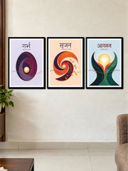 Garbha Srijan Aagman Abstract Spiritual Wall Art | 3 Frame Poster Set