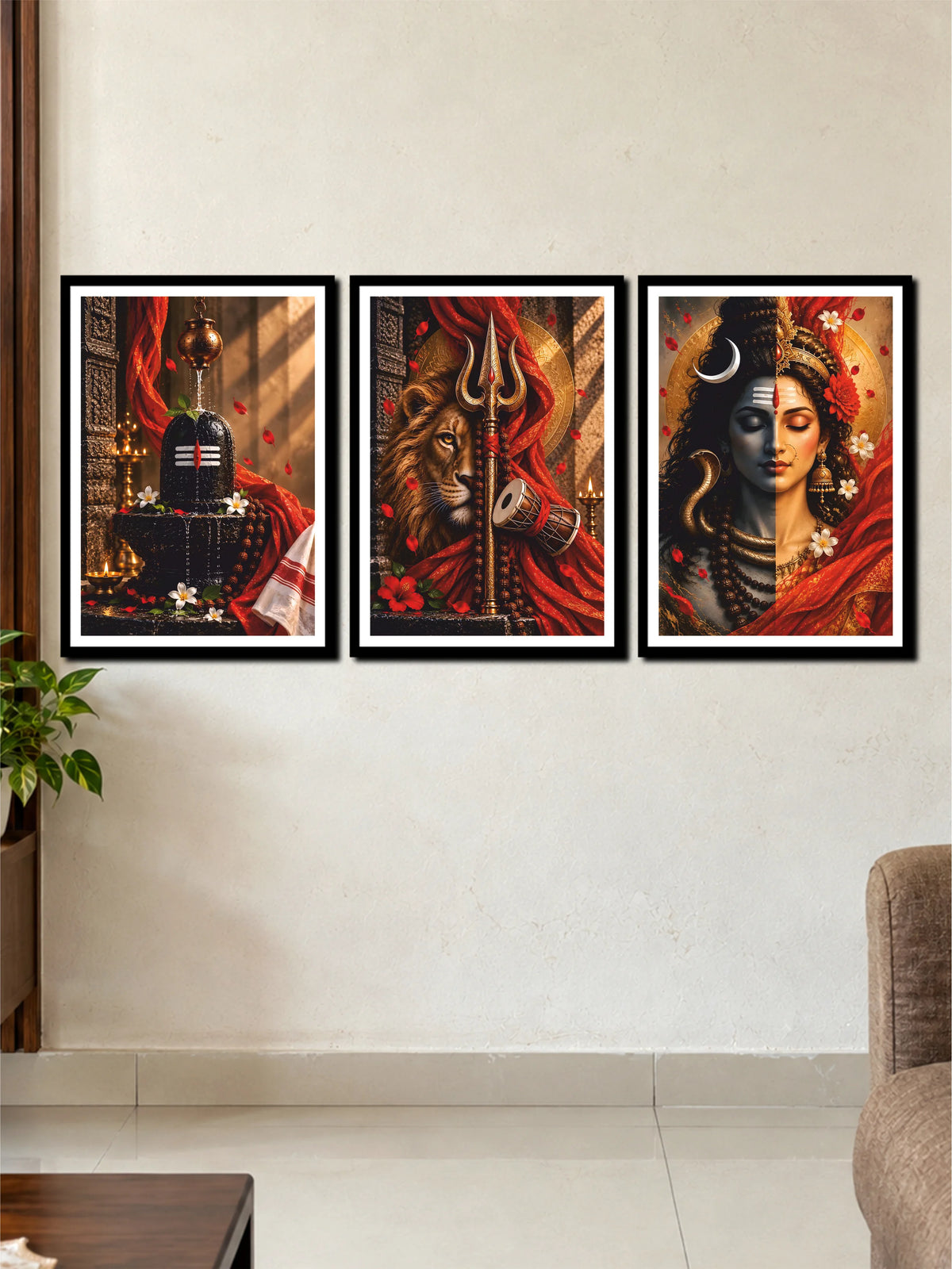 Mahadev Shivling Trishul Ardhanarishvara Spiritual Wall Art | 3 Frame Poster Set