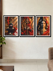 Mahadev Shivling Trishul Ardhanarishvara Spiritual Wall Art | 3 Frame Poster Set