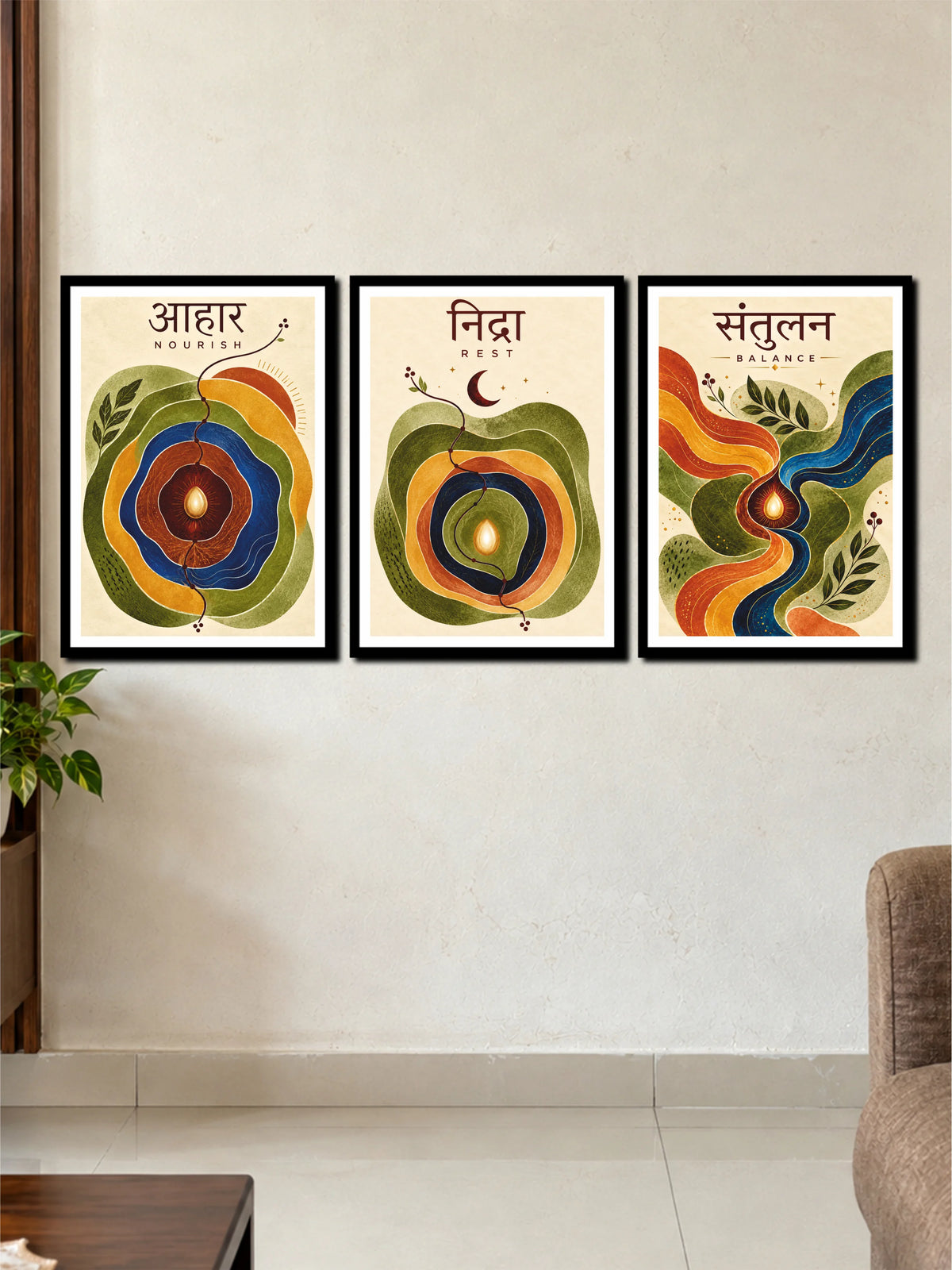 Aahar Nidra Santulan Abstract Wellness Wall Art | 3 Frame Poster Set
