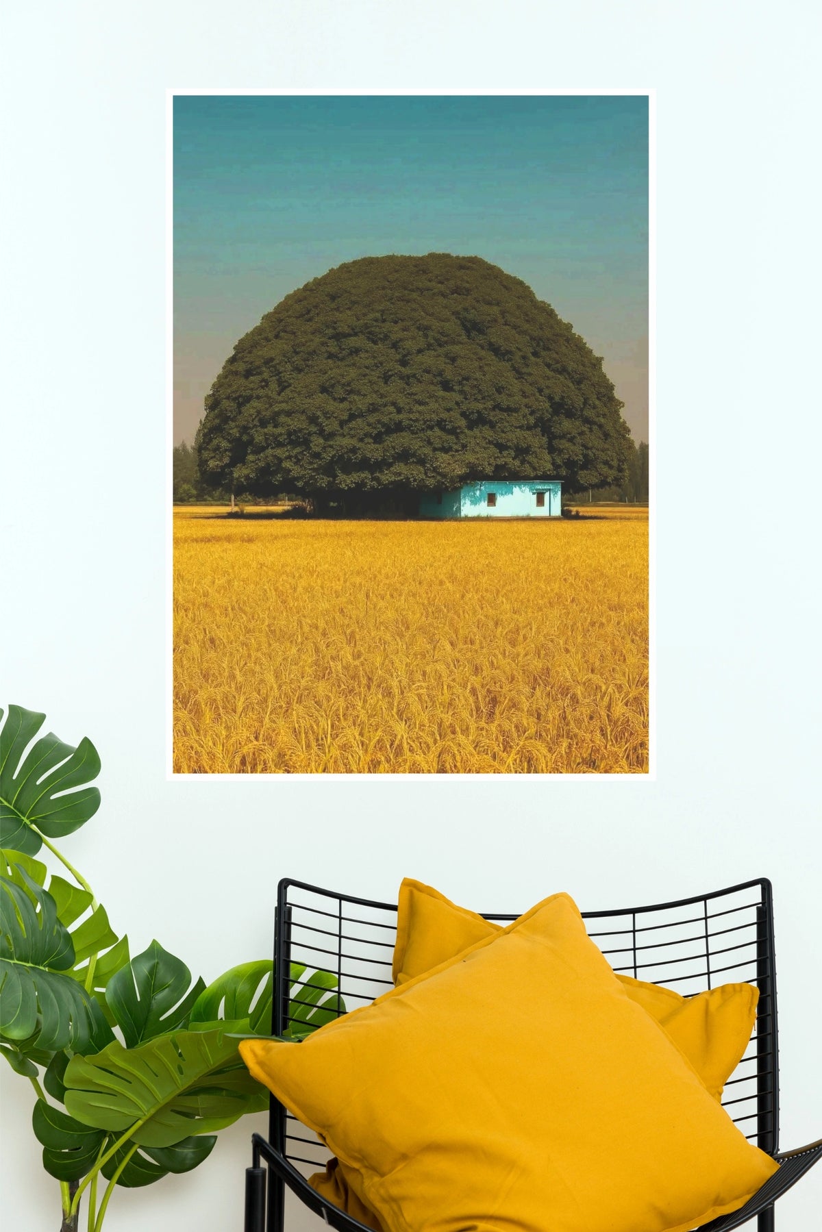 Golden Forest Blue House Field Wall Art Poster  (The Green World Posters)