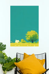 Golden Sunrise Countryside House and Tree Wall Art Poster  (The Green World Posters)