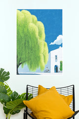 Misty Morning Cyclist and Willow Tree Wall Art Poster  (The Green World Posters)