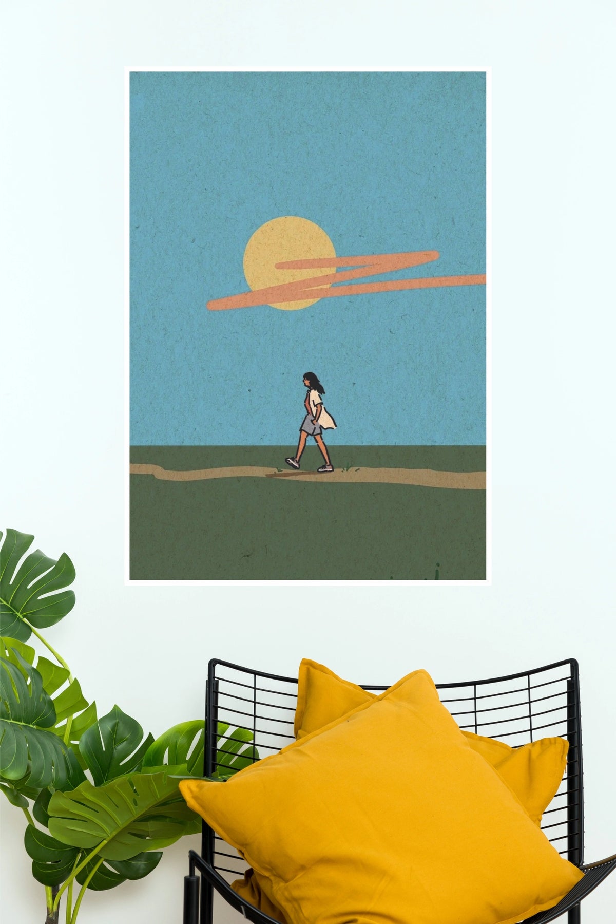 Mountain Stream Walking Person Sunset Wall Art Poster   (The Green World Posters)