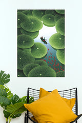 Shining Peaks Boat on Water with Giant Lily Pads and Koi Fish Wall Art Poster  (The Green World Posters)
