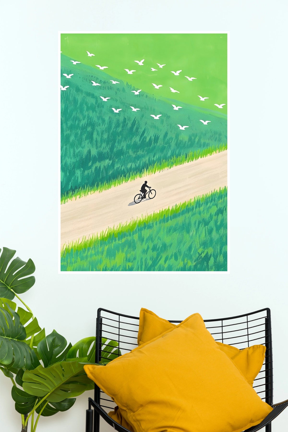 Sunset Glow Cyclist on Country Road with Flock of Birds Wall Art Poster  (The Green World Posters)