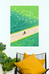 Sunset Glow Cyclist on Country Road with Flock of Birds Wall Art Poster  (The Green World Posters)
