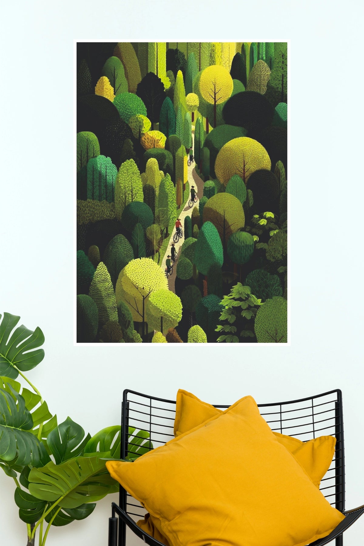 Twilight Glow Cyclists on Winding Path Through Dense Forest Wall Art Poster  (The Green World Posters)