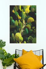 Twilight Glow Cyclists on Winding Path Through Dense Forest Wall Art Poster  (The Green World Posters)