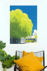 Vibrant Bloom Bus and People Under Grand Weeping Willow Tree Wall Art Poster  (The Green World Posters)