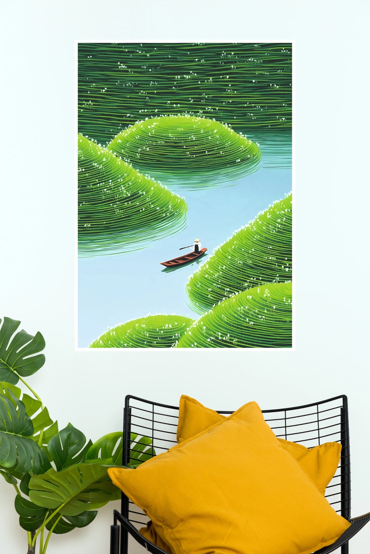 Whispering River Person in Small Boat Amidst Terraced Green Hills Wall Art Poster  (The Green World Posters)