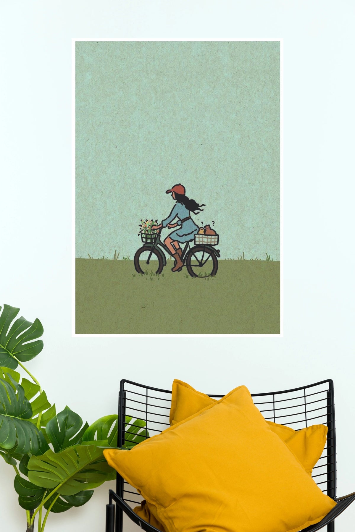 Wild Nature Woman Riding Bicycle with Baskets Across Grassy Field Wall Art Poster (The Green World Posters)
