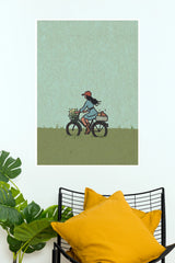 Wild Nature Woman Riding Bicycle with Baskets Across Grassy Field Wall Art Poster (The Green World Posters)