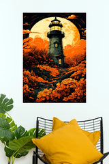 Golden Moon Lighthouse & Flowers Poster | Aesthetic Nature Wall Art   (Art Posters)